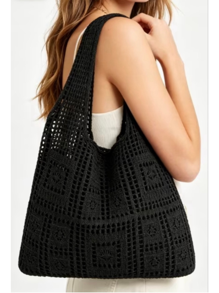 Women's Boho Black Crochet Knit Tote Bag